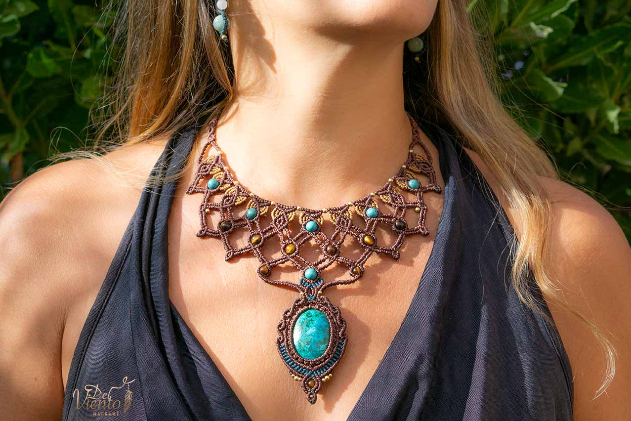 Reservado para Angie | Collar de macramé Diosa con Turquesas y Crisocola