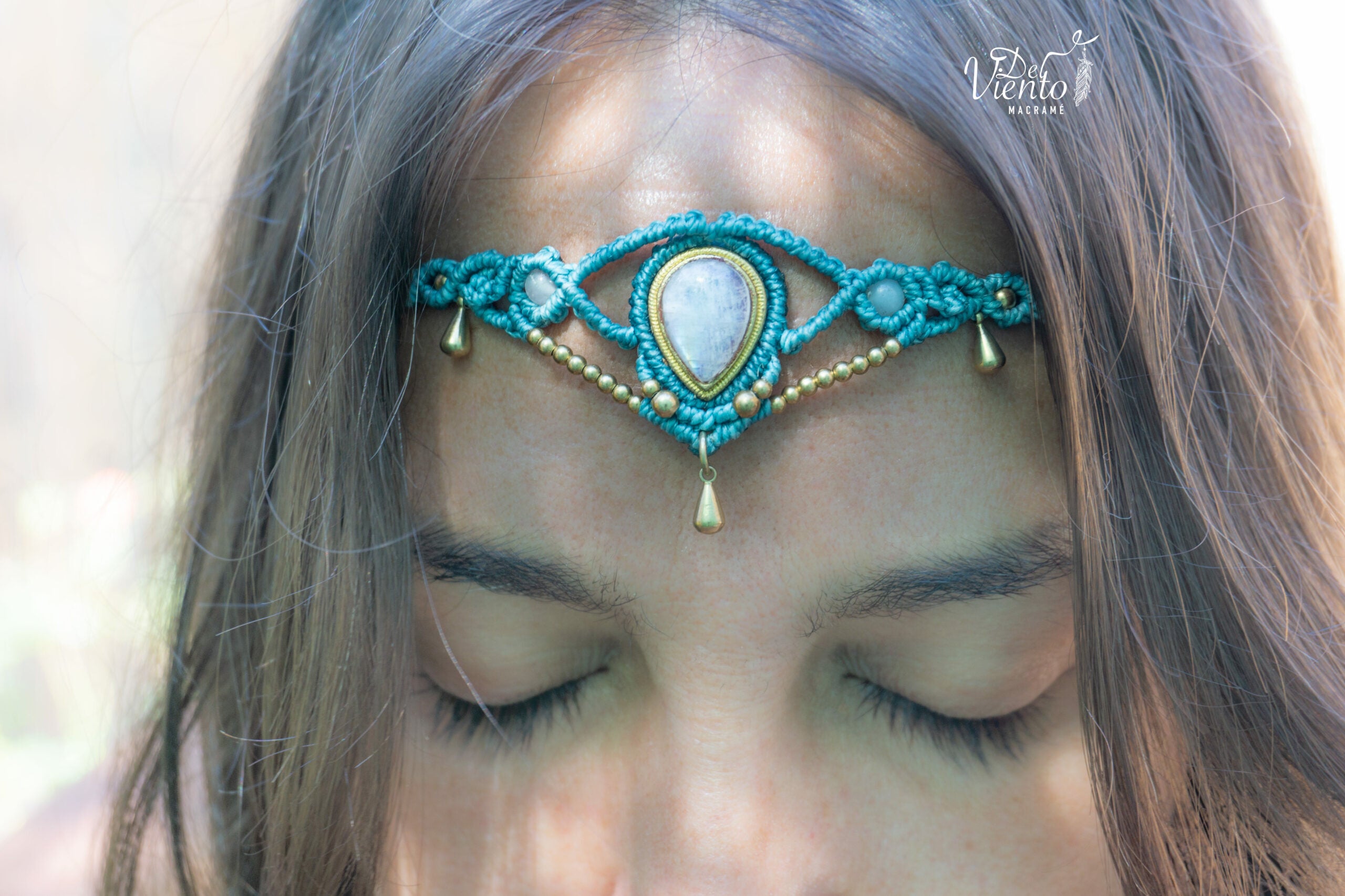 Cinturón lunar de macramé con Piedra Luna | Collar o Tiara azul