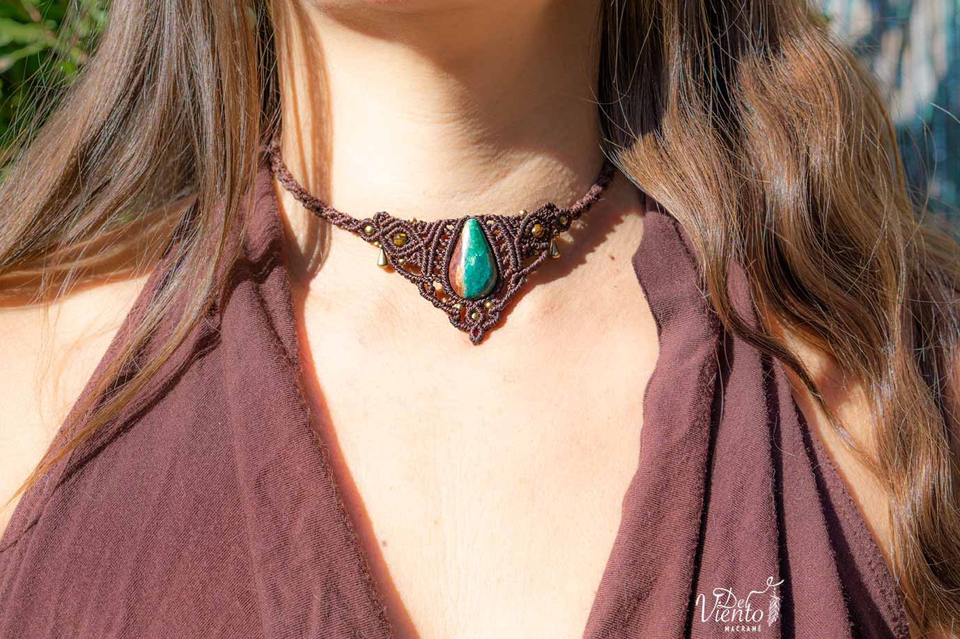 Collar de macramé con Atardecer de Sonora (Crisocola & Cuprita)