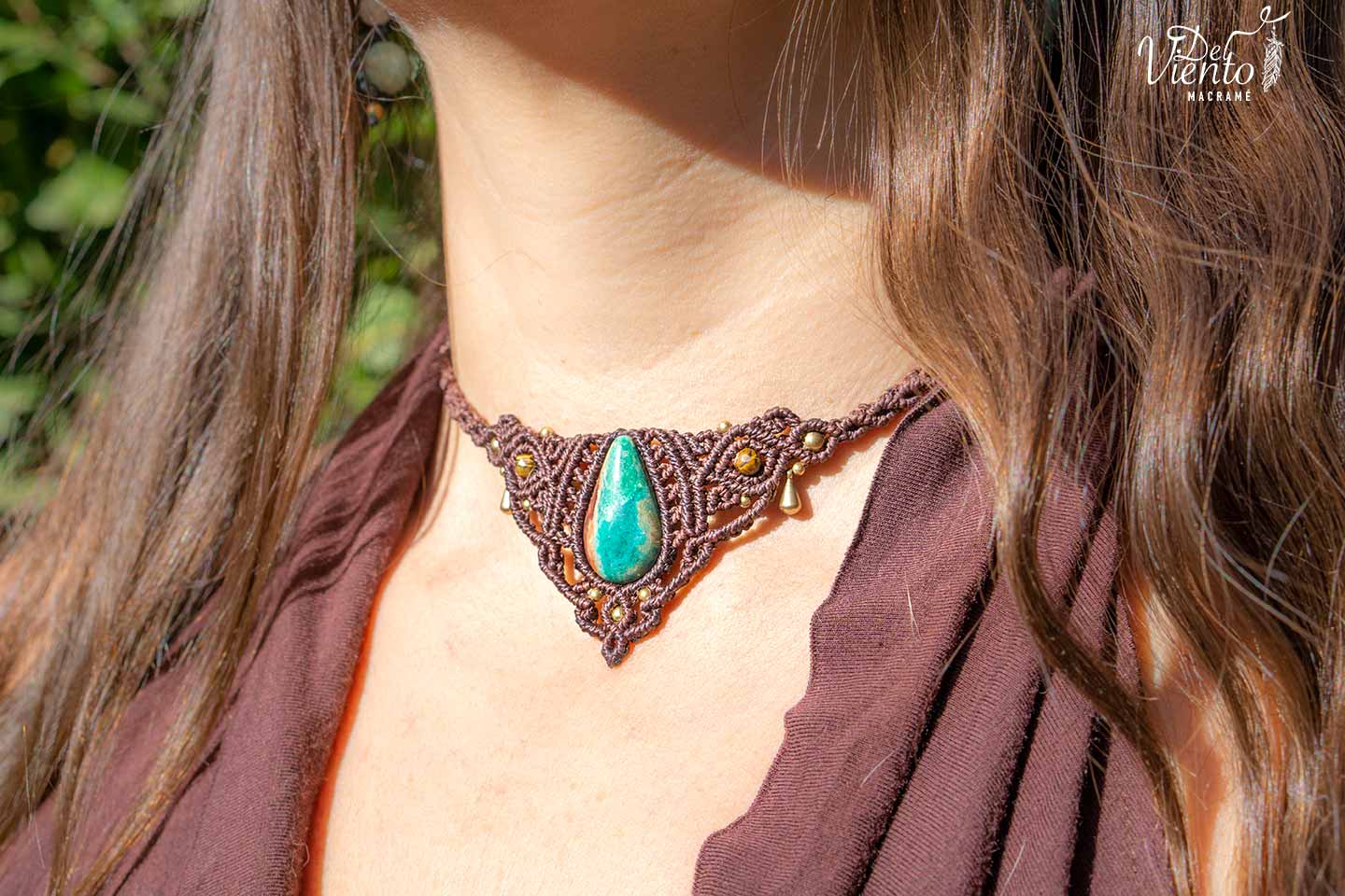 Collar de macramé con Atardecer de Sonora (Crisocola & Cuprita)