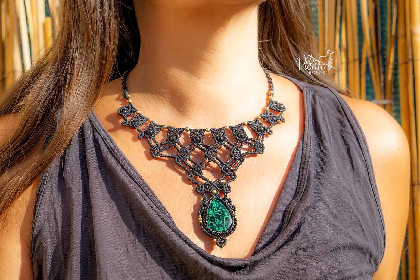 Collar Diosa de macramé con Malaquita y Onix