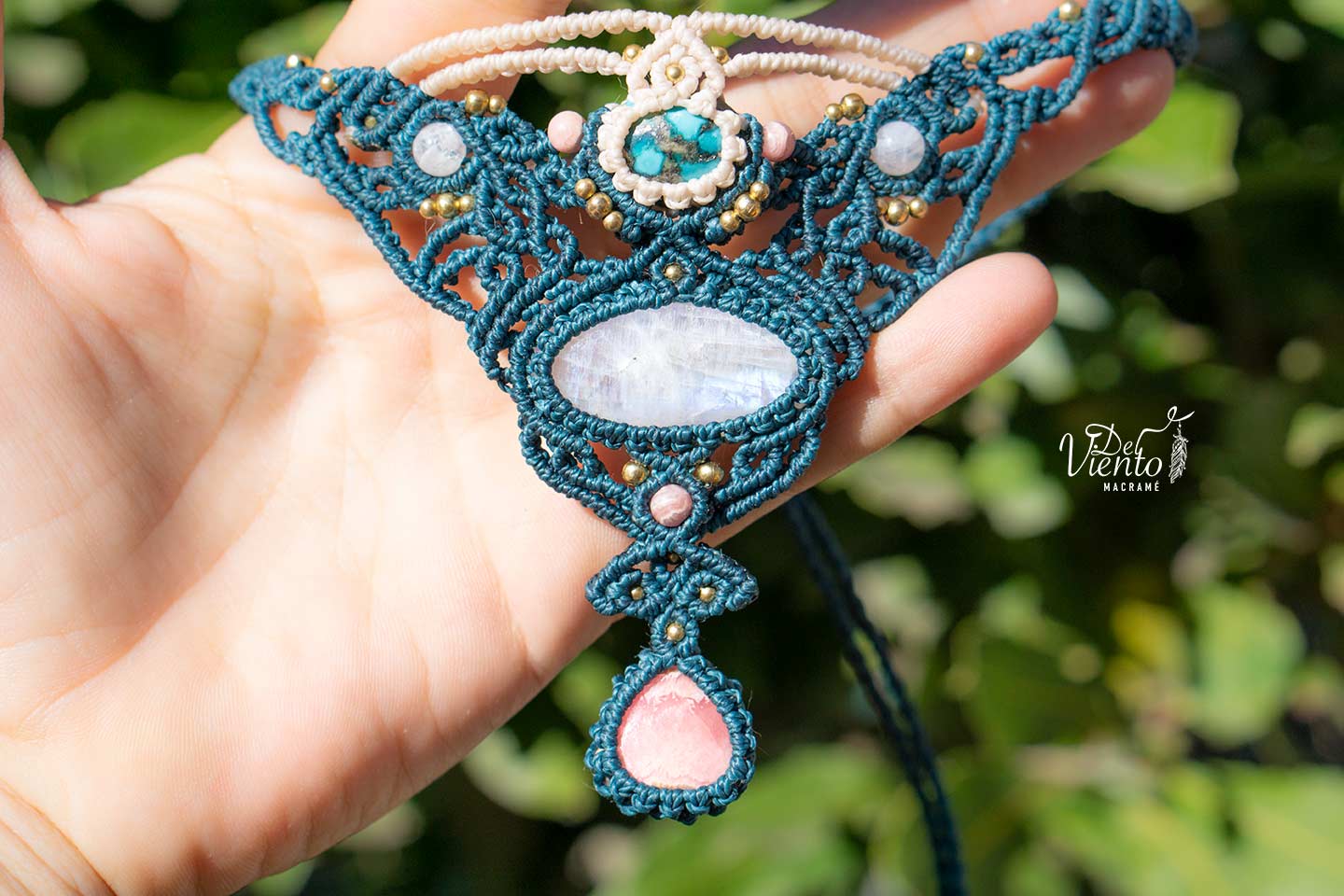 Collar Diosa con Turquesa, Piedra Luna y Rodocrosita