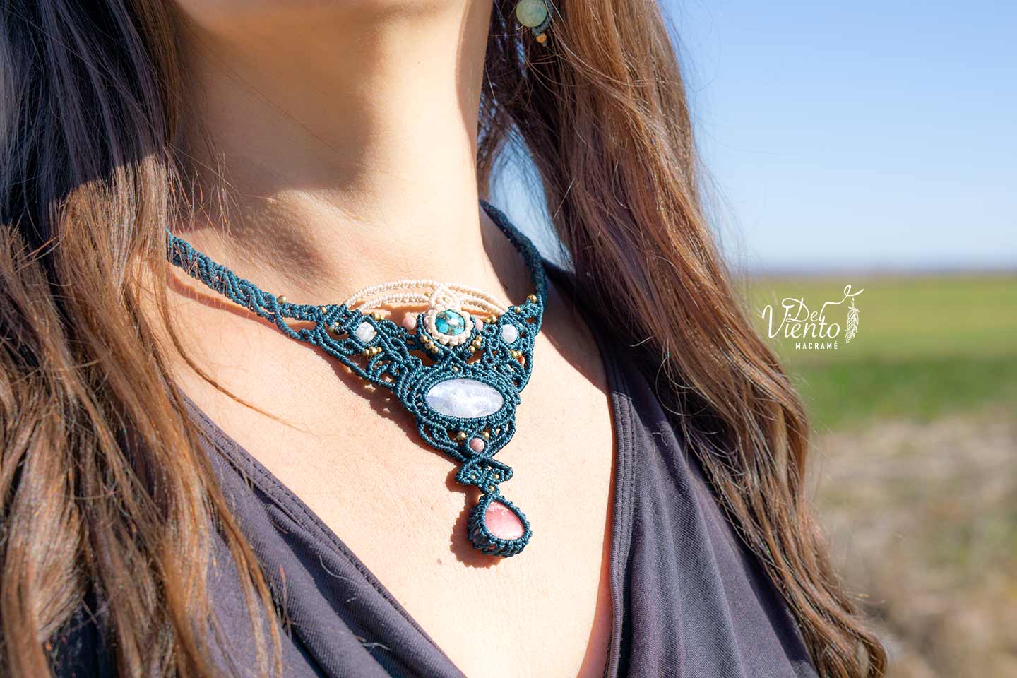 Collar Diosa con Turquesa, Piedra Luna y Rodocrosita