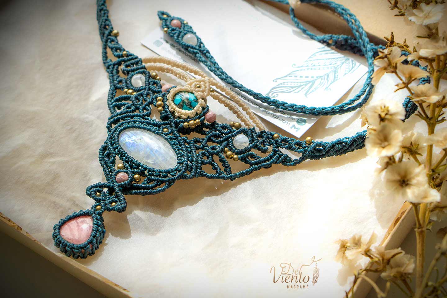 Collar Diosa con Turquesa, Piedra Luna y Rodocrosita