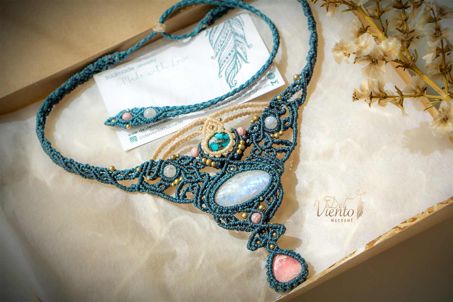 Collar Diosa con Turquesa, Piedra Luna y Rodocrosita