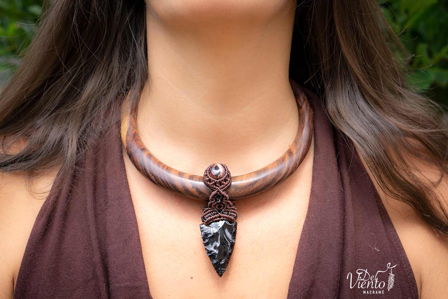 "Creado y Reservado para Laura" Collar de macrame con Ópalo de fuego y Obsidiana negra
