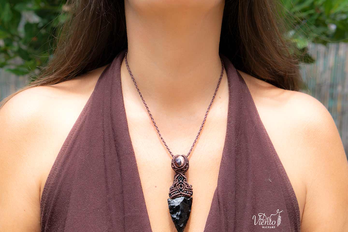 "Creado y Reservado para Laura" Collar de macrame con Ópalo de fuego y Obsidiana negra