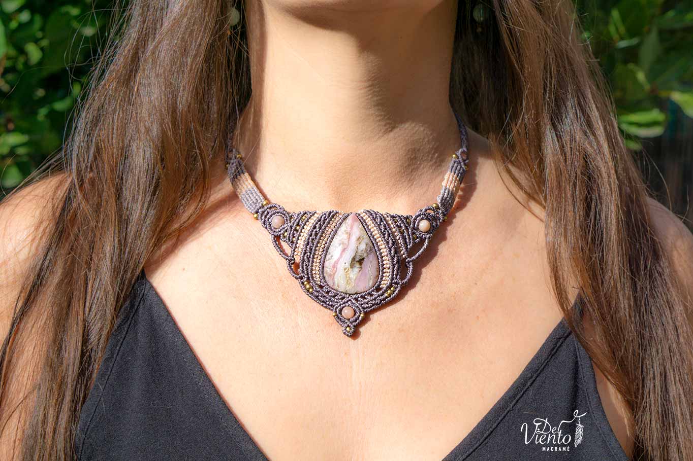 "RESERVADO para MAR" Collar de macrame con Ópalo rosa andino
