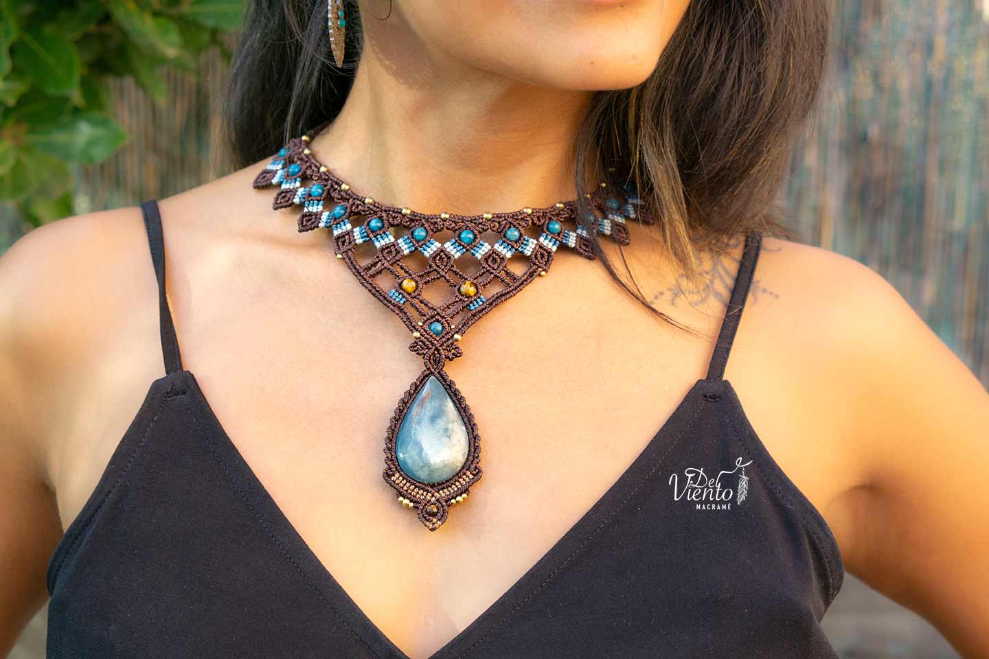Reservado para Angie | Lucido por Laura Madrueño SUPERVIVIENTES 24" Collar de macramé Diosa con Onix cielo y Apatita