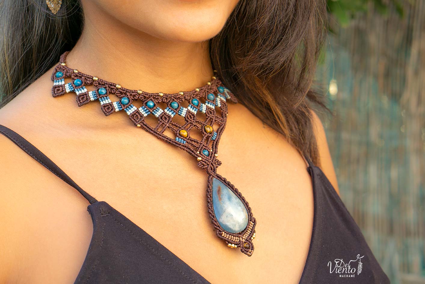 Reservado para Angie | Lucido por Laura Madrueño SUPERVIVIENTES 24" Collar de macramé Diosa con Onix cielo y Apatita