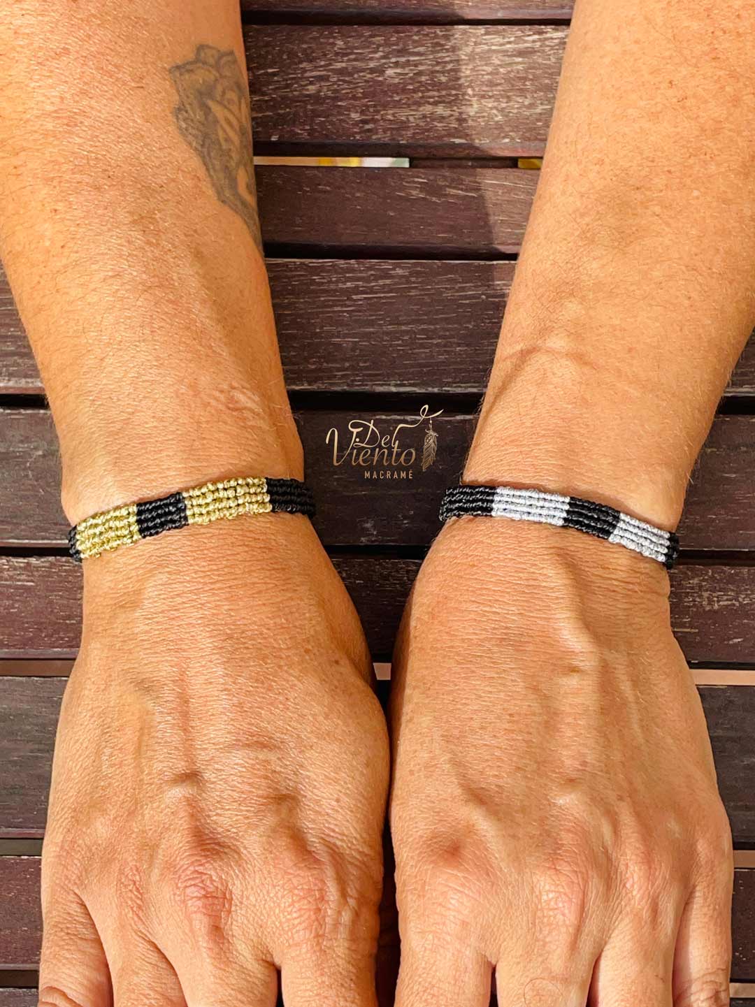 Pulseras de macrame elegante Negra y dorada o plateada