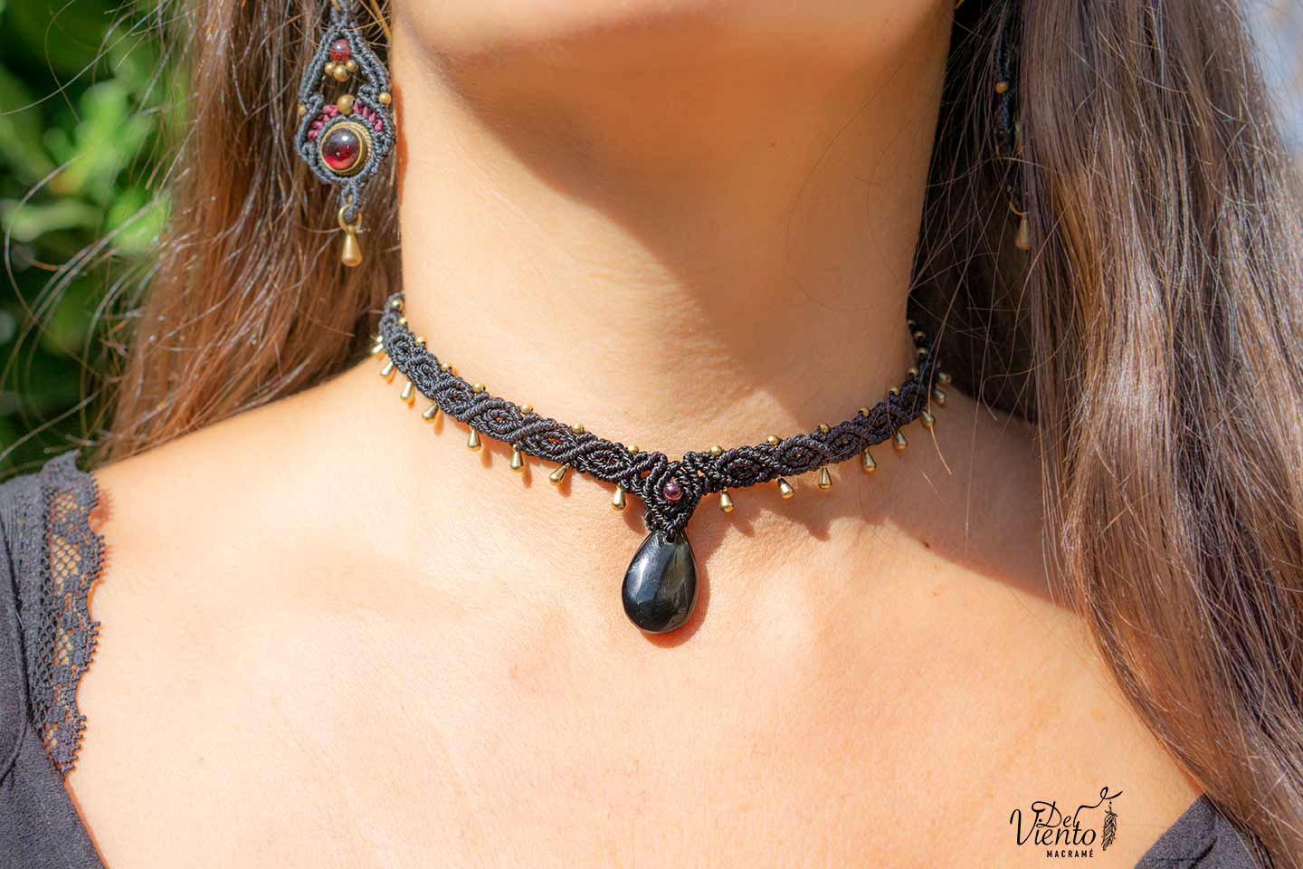 Choker de macrame con Obsidiana Arcoiris