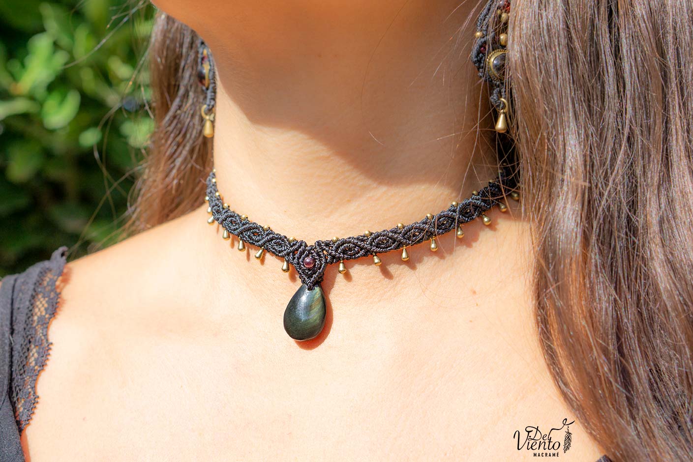 Choker de macrame con Obsidiana Arcoiris