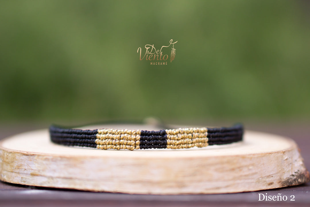 Pulseras de macrame elegante Negra y dorada o plateada