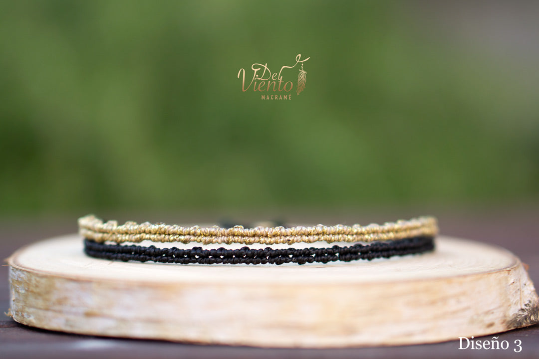 Pulseras de macrame elegante Negra y dorada o plateada