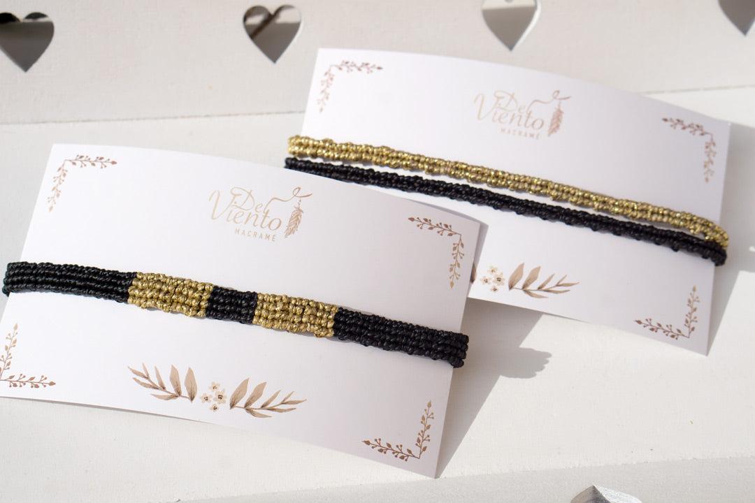 Pulseras de macrame elegante Negra y dorada o plateada