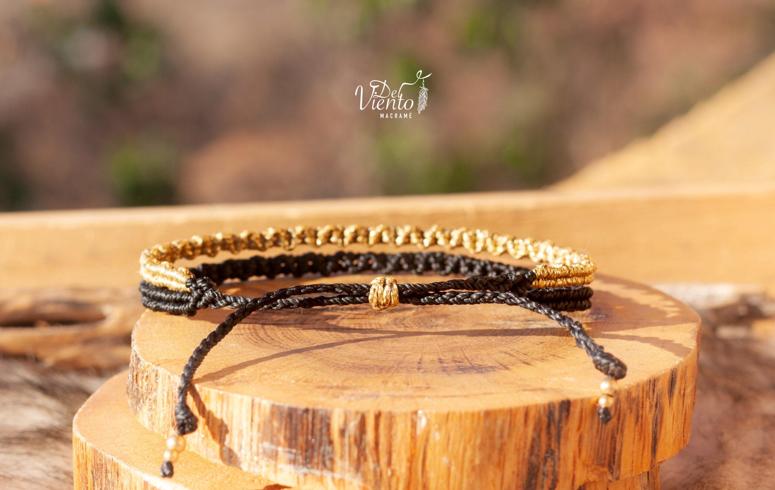 Pulseras de macrame elegante Negra y dorada o plateada