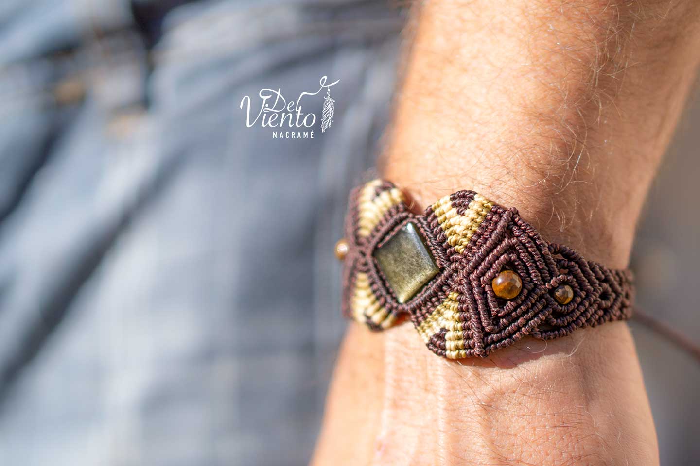 Pulsera de macramé marrón con Obsidiana dorada