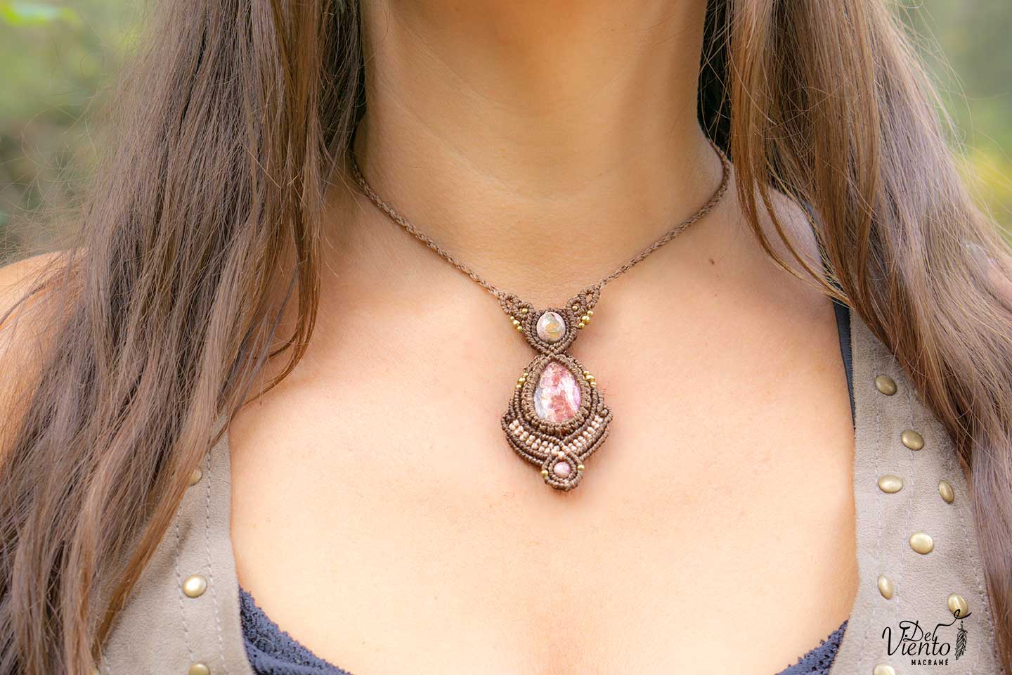 "De Mariona" Collar de macrame con Ópalo de Fuego y Rodocrosita