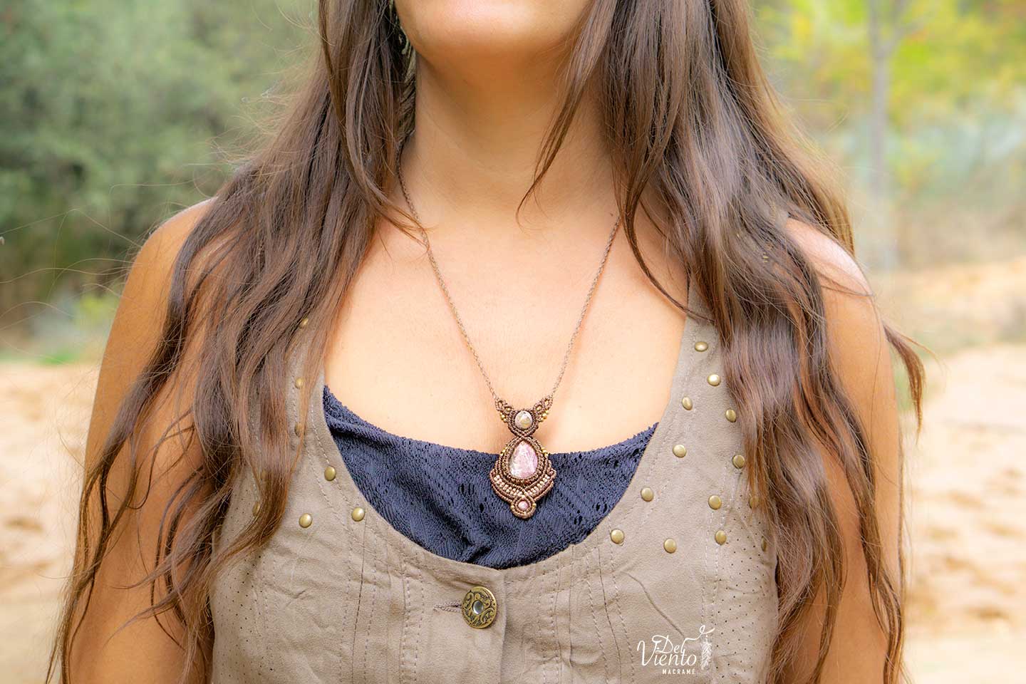 "De Mariona" Collar de macrame con Ópalo de Fuego y Rodocrosita