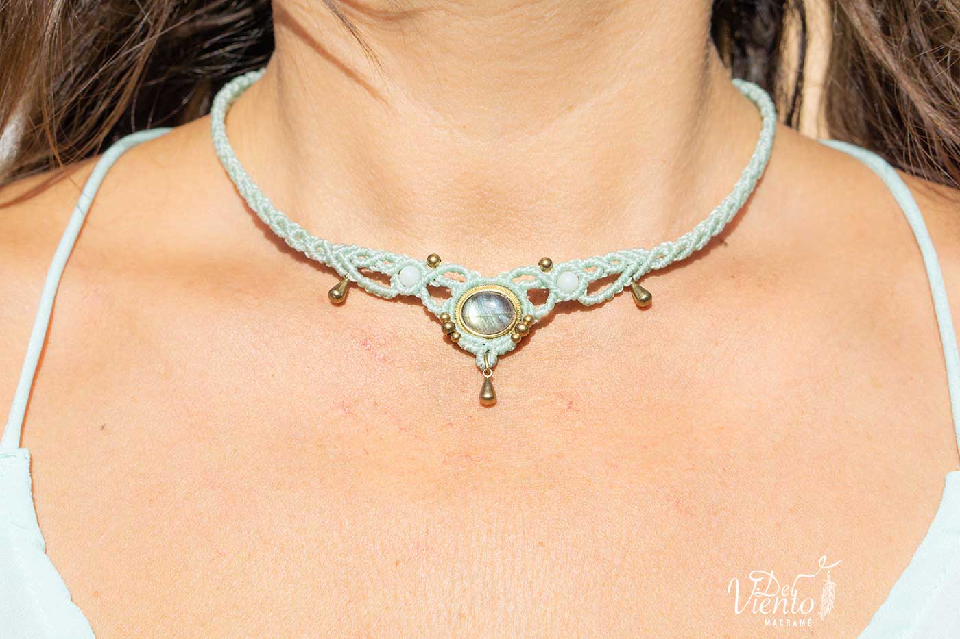 Cinturón Lunar, Collar y Tiara de macrame con Labradorita en verde mint