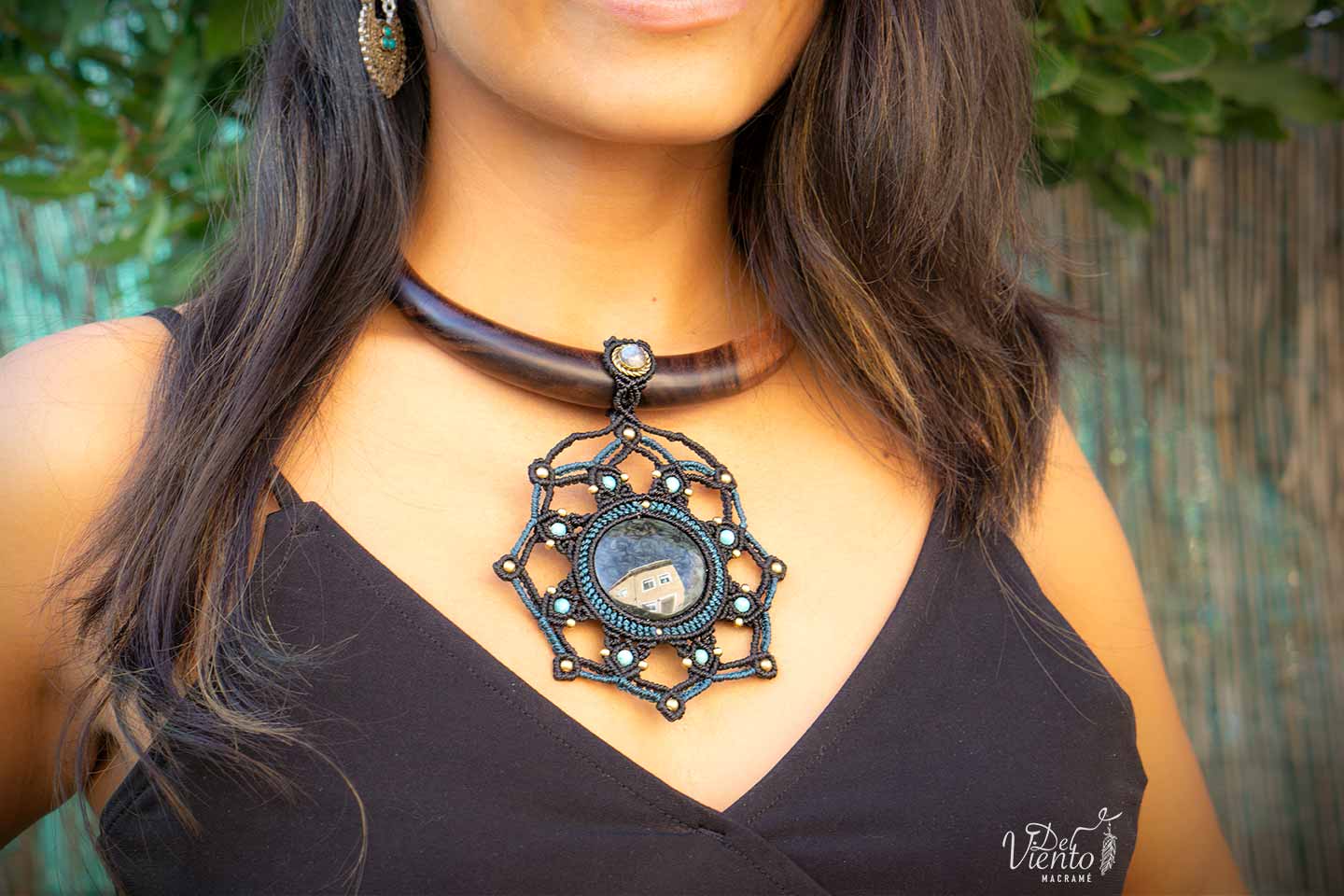 Collar Mandala Diosa de macramé con Obsidiana Manto Huichol ♥ 3 en 1